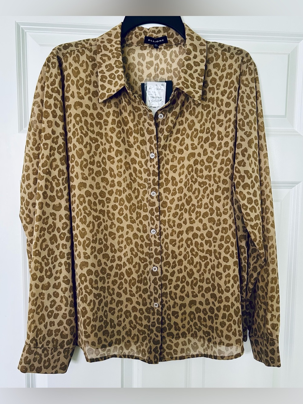 Pleione Leopard Print Sheer Button Down Blouse - Camel Brown NWT